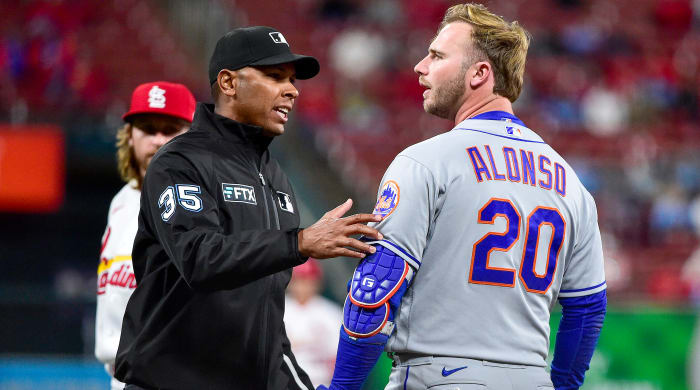 Apr 26, 2022; St. Louis, Missouri, USA; New York Mets designated hitter Pete Alonso (20) reacts after he was hit in the head from a pitch by from St. Louis Cardinals relief pitcher Kodi Whitley (not pictured) during the eighth inning at Busch Stadium.